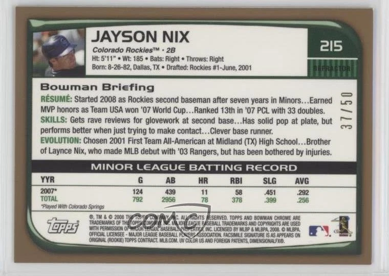 2008 Bowman Chrome Gold Refractor /50 Jayson Nix #215 - Image 2 of 2