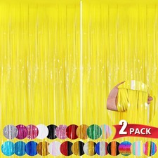 Macaron Yellow Tinsel Backdrop Foil Fringe Curtains, 2 Pack Party Decor