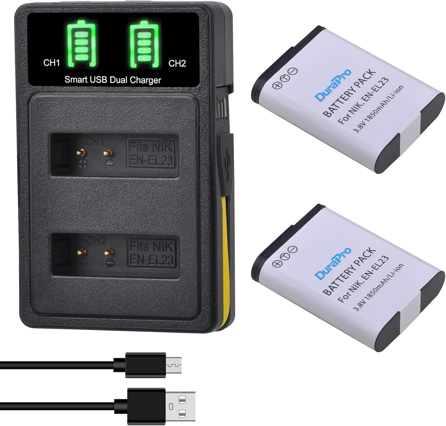 DuraPro 2Pcs 1850mAh EN-EL23 EN EL23 Battery + Dual USB Charger for Nikon Coolp