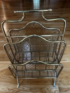 Vintage 4-Section Gold Brass Metal Magazine Rack Holder Stand, 15”x28”x12”