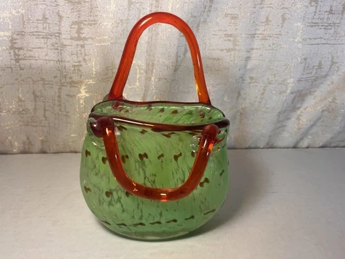 Murano Style Glass Purse Green with Red Handles Vase Hand Blown Vintage