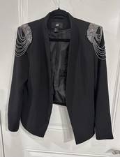 H&M Black Beaded Shoulder Open Front Lined Bl...