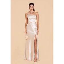 Birdy Grey Satin One Shoulder Maxi Dress Champagne Formal Evening Size L