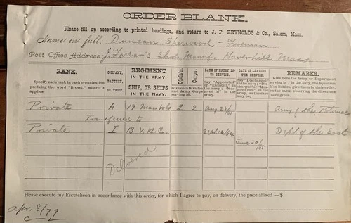 Civil War Document 19th Massachusetts Infantry Duncan Sherman WIA Gettysburg