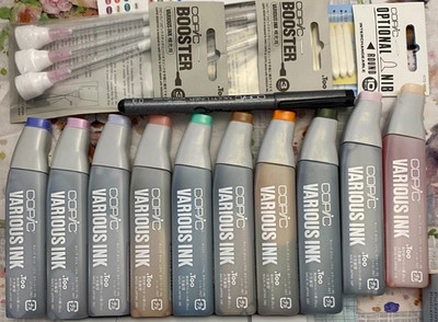 10 Copic Various Ink Refills and Colorless Blender Bottle & 2 Packs of Boosters
