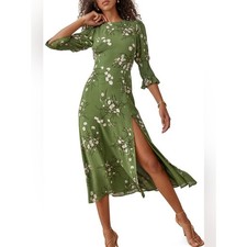 Reformation Carolena green floral smocked 3/4 sleeve high neck midi dress 6