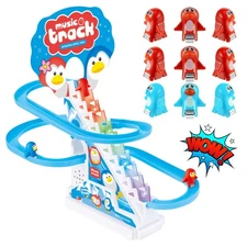 Penguin Slide Toy Set – Stair Climbing Roller Coaster with Sliding Tracks, 9 ...