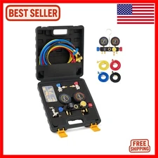 4 Way AC Gauge Set for R410a, R22 & R134a - Durable Brass & Aluminum Manifold...