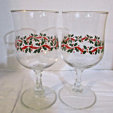 Set of 2 - Arby's Holly Pedestal Goblets Holly Ribbon w/Gold Rims 6.75"T X 3"W
