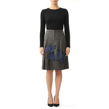 Talbots Wool A-Line Skirt Size 12 Charcoal Grey Knee-Length Floral Appliqu 