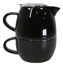 Glossy Black Contemporary Ceramic Stackable Teapot Set Single Tea Pot With Mug