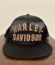 Harley Davidson Hat Cap Trucker Black Satin Snapback Flat Brim Sewn HD Logo NEW