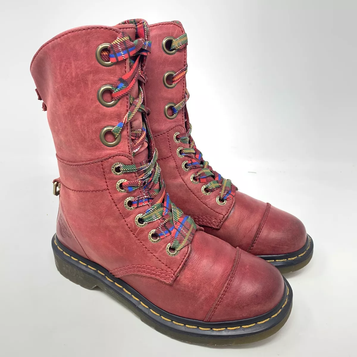 Dr Martens Aimilita Red Leather Mid Calf 9 Holes Boots Tartan Check Uk 4 Eu 37