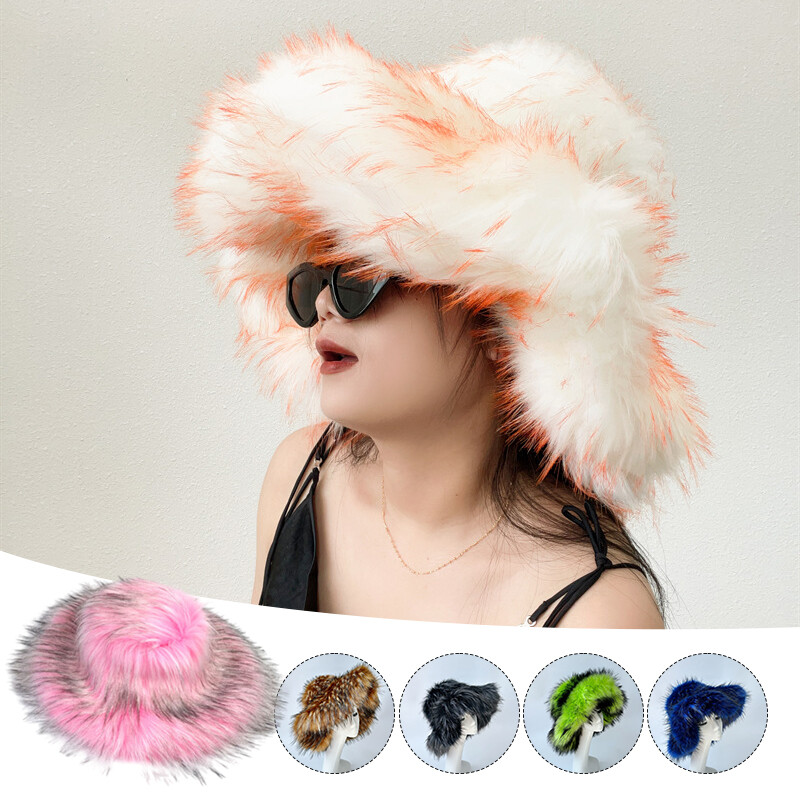 Women Faux Fur Bucket Hat Fluffy Plush Wide Brim Oversized  display picture 2
