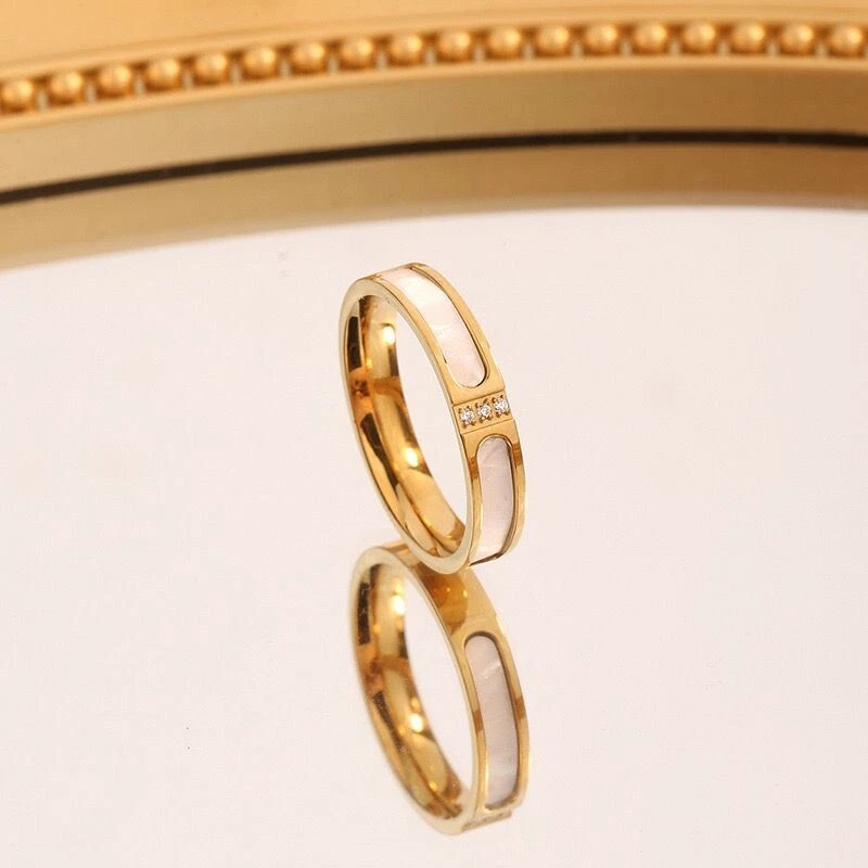 Anillo banda madreperla enchapado en oro de 18k 3 colores mujer circonita cúbica 4 mm talla 5-10 Foto 2 de 4