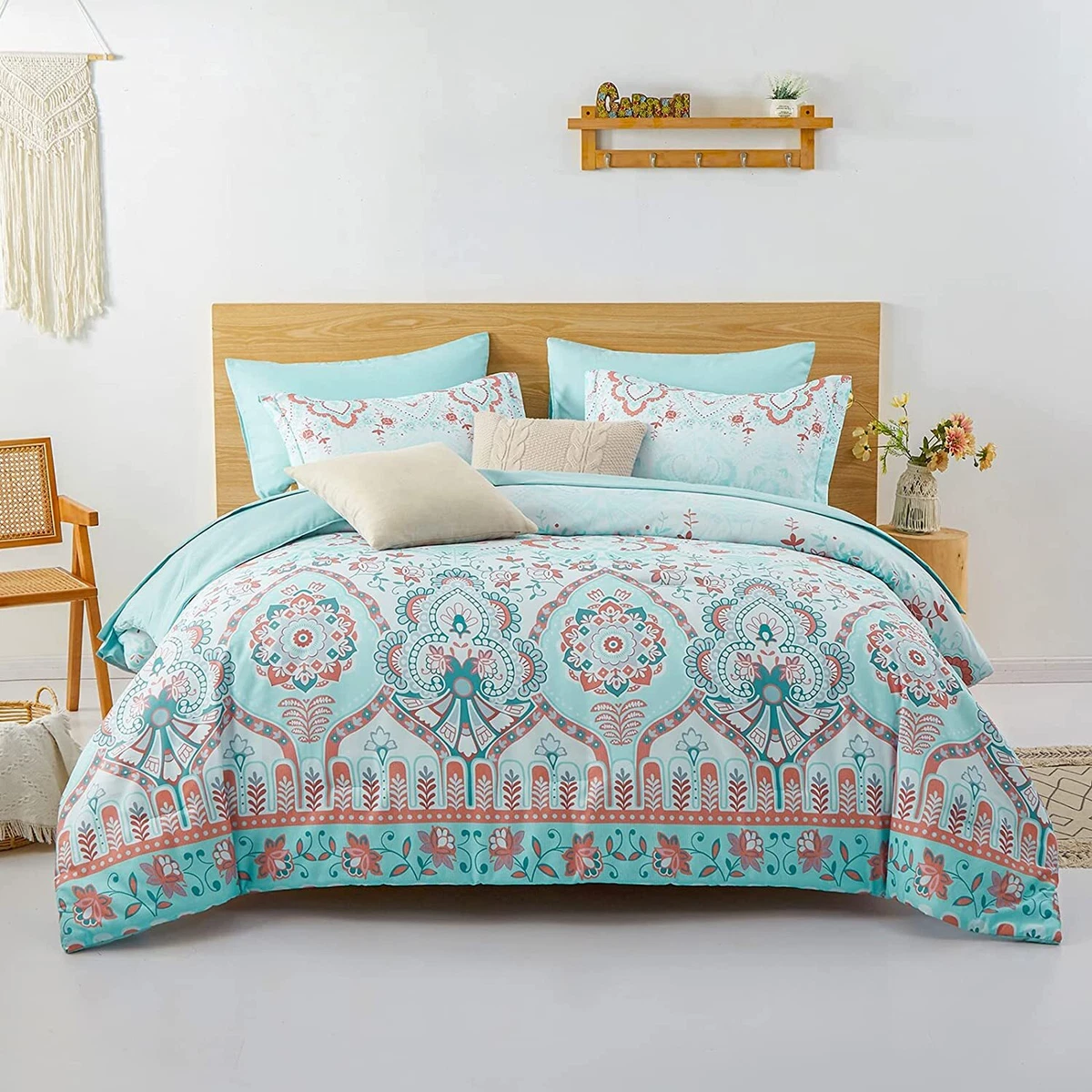 ZEIMON Boho King Size Comforter Set 7 Piece Bed in a Bag Auqa and Blue Damask La