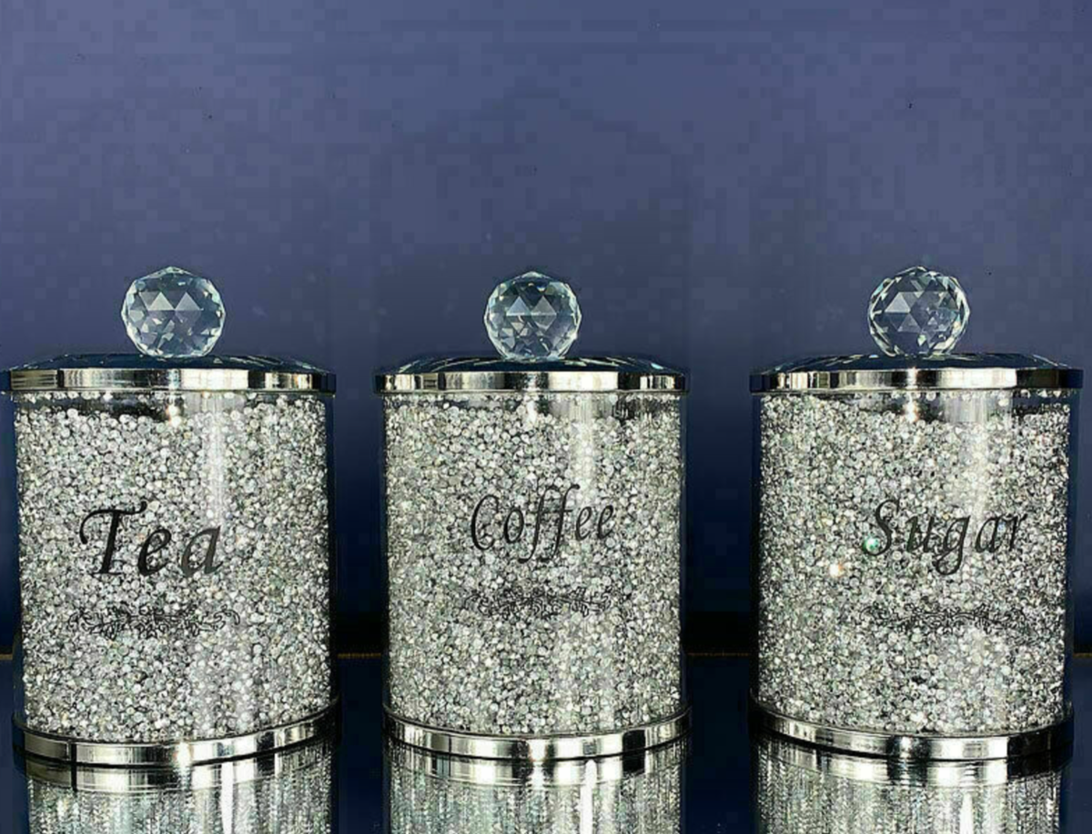 Set Of Diamond Crushed Tea Coffee Sugar Canisters Jars Storage Crystal  Filled✨