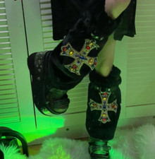 Black Fur Gyaru Cross Embroidered Rhinestone Fuzzy Leg Warmers Harajuku Style