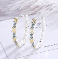 925 Sterling Silver Gold Tone CZ Cross Huggie Hoop Earrings 15mm/0.6" Gift PE