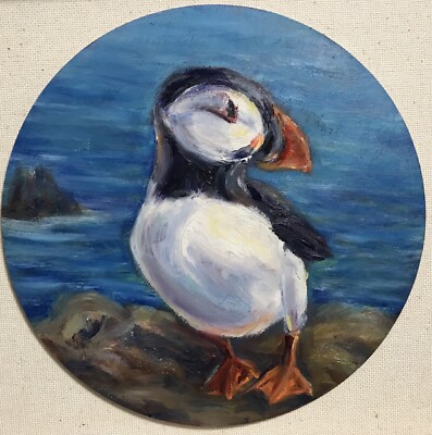 Puffin Bird Oil Painting Original Maine Nature  Wall Art. 6  D Round Wall Decor
