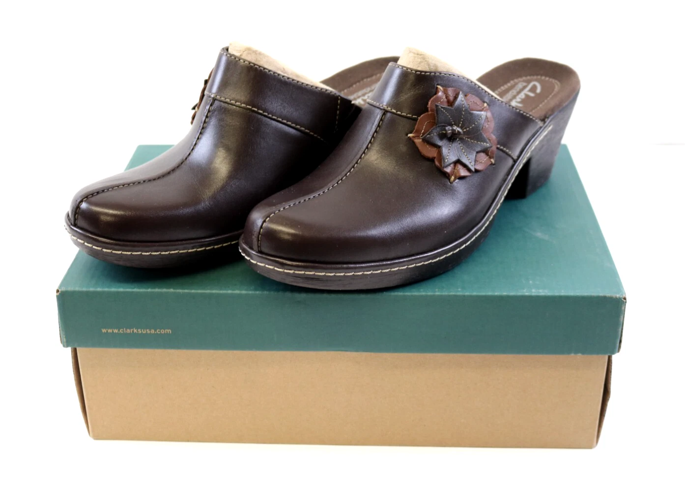 NUOVO Clarks Donna 8 5M Pieghevole Fresia Tropics Mules Pelle con Fiori