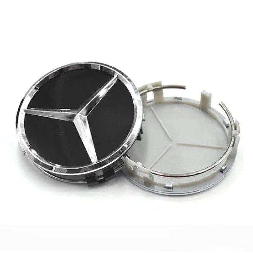 Set of 4 Black with Chrome Logo 75mm Wheel Center Caps For Mercedes ...