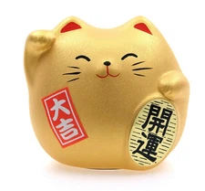 Japanese 2"H Gold Maneki Neko Lucky Cat Earthenware Rich & Fortune Made in Japan