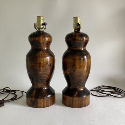 Pair of Turned Solid Wood Mid-Century Multi-Tone Wood Grain Lamps   High Gloss