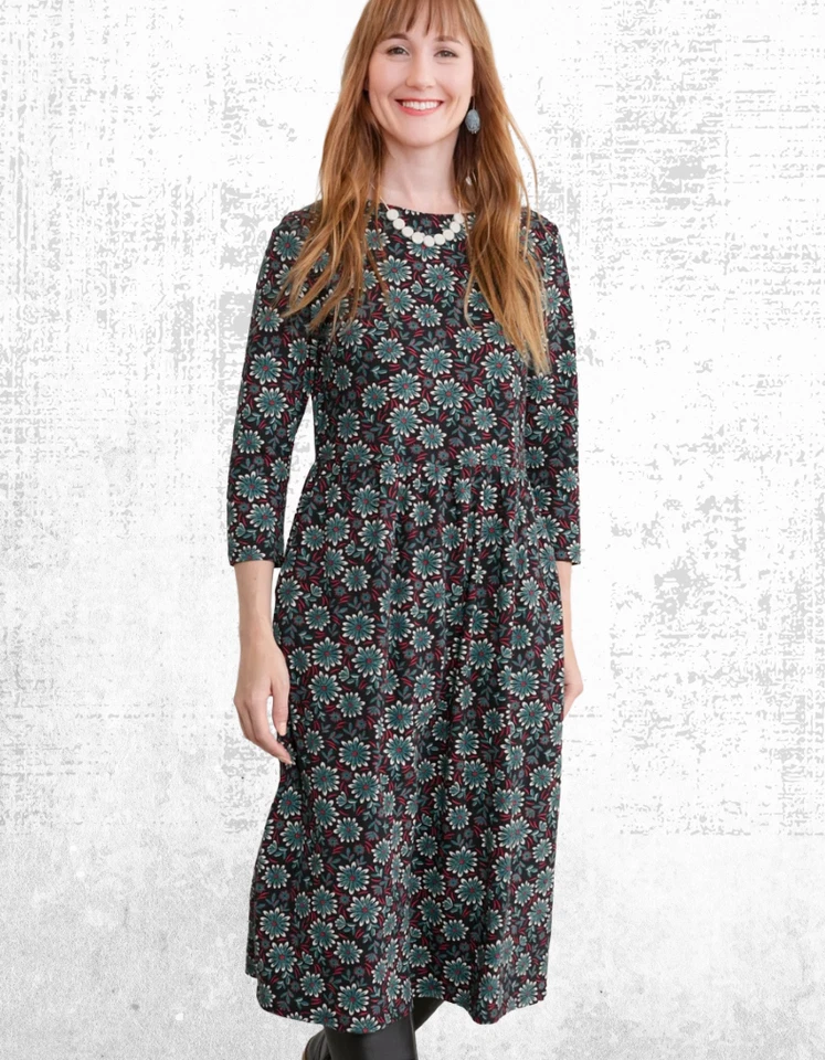 Women’s Seasalt Jersey Dress ¾ Sleeve Sea Cotton Midi Onyx Petal Crew Neck - Image 2 of 4