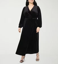 MSK Women Black Velvet V Neck Maxi Wrap Dress Long Sleeve Size 1X - MSRP $99