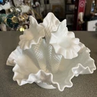VTG Ruffled Fenton White Milk Glass Hobnail 3 Horn Trumpet Vase Epergne Bowl