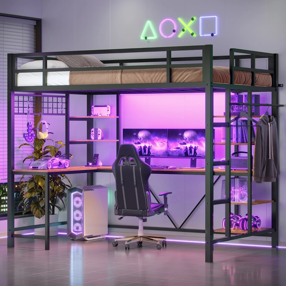 Cama tipo loft tamaño doble con escritorio en forma de L y estantes de almacenamiento, cama tipo loft de metal para adolescentes Foto 4 de 4