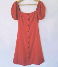 Linen Blend Button Front Puff Sleeve Midi Dress Size S Smocked Milkmaid Cottage