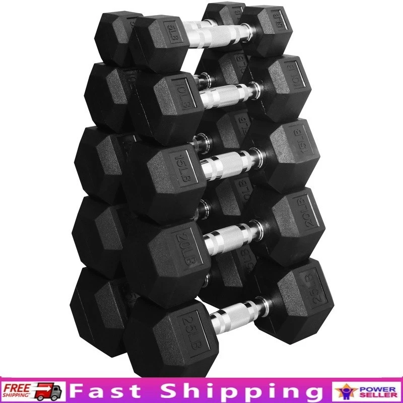 150 LB Dumbbell Set Hex Rubber Weights Pair 5 10 15 20 25 lbs Fitness Gym New