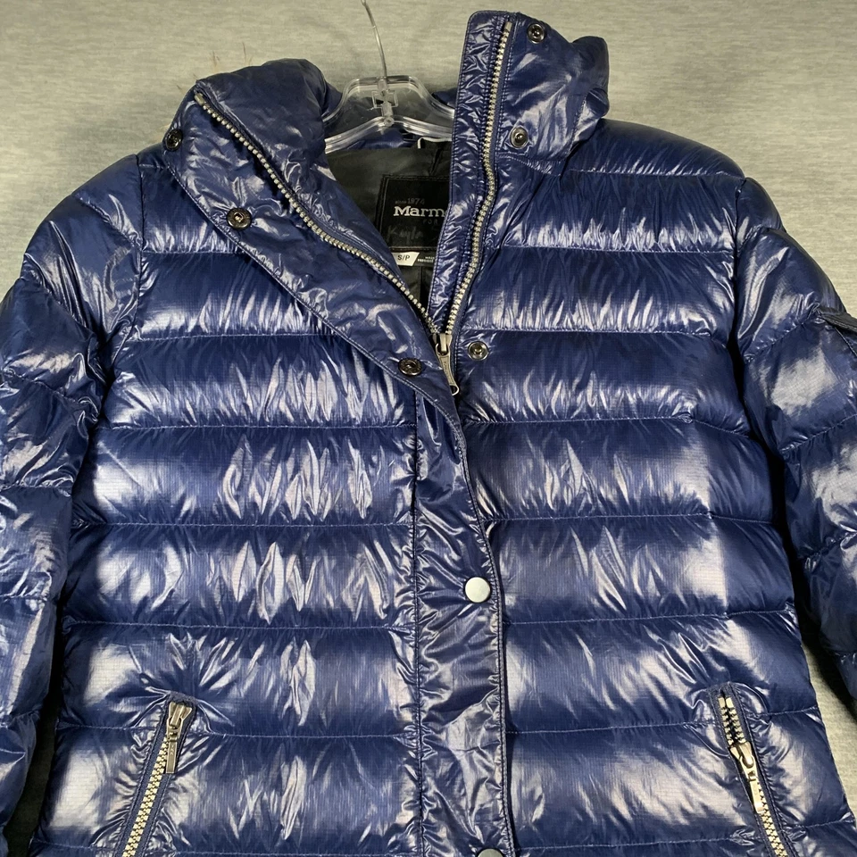 Marmot Jacket Womens Small Blue Hooded Down Puffer Faux Fur Trim Quilted Nylon - Image 2 of 4