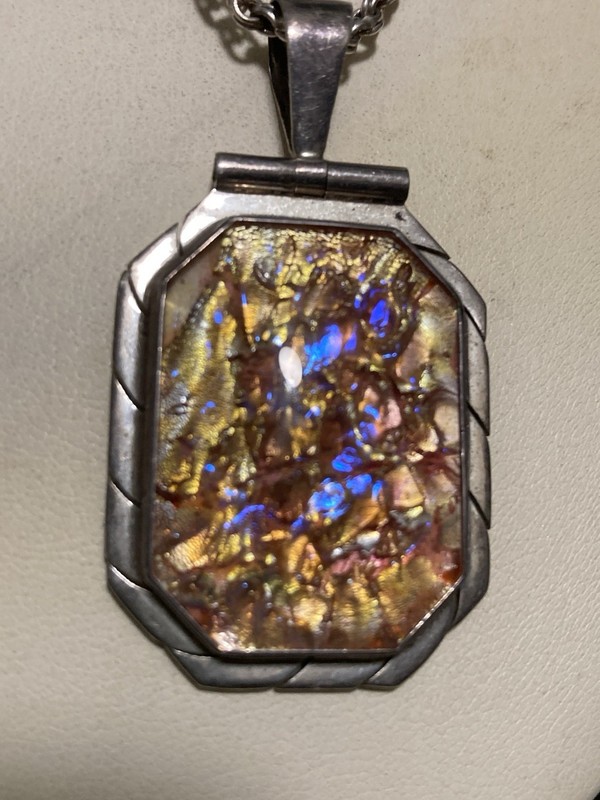 LRG Foil Opal Glass Hinged Pendant 20” Rope Chain Necklace Sterling Silver 925