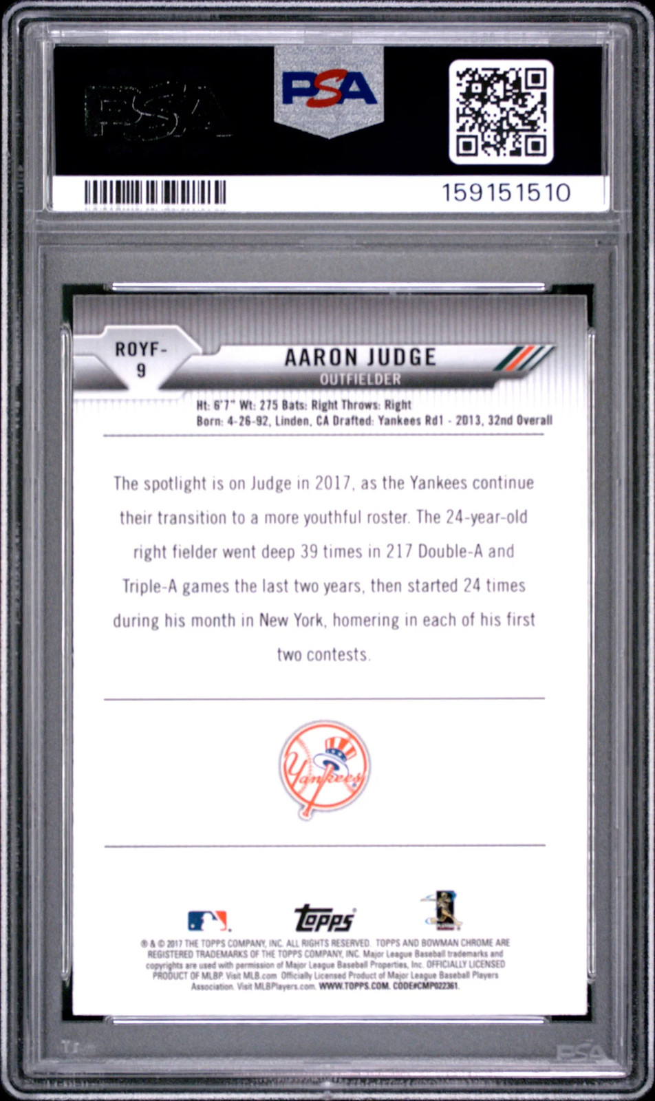 2017 Bowman Rookie Of The Year Roy Favorites Aaron Judge #9 PSA 10 Refractor RC view 2
