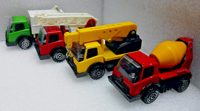 RESTPOSTEN 4x Vintage Tonka Milben Japan: Feuerwehr, Kran, Zementmischer, Müllwagen