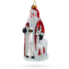 Santa with White Reindeer Glass Ornament