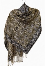 Pashmina Shawl Wrap Scarf Reversible Olive Green Gray Paisley Floral Fringed