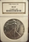 1986 U.S. American Silver Eagle 1 oz .999 NGC MS 69