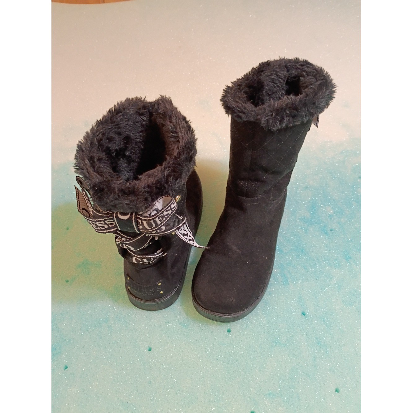 Guess Black Quilted Faux-Fur Winter Boots with Logo Ribbon Detail | eBay