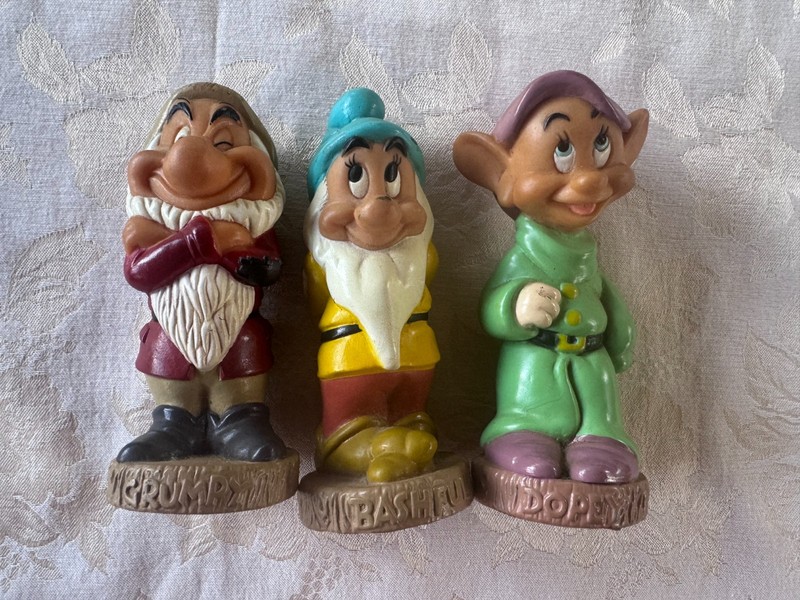 Vintage Disney's The Seven Dwarfs Rubber Squeaker Toys With Names on Front