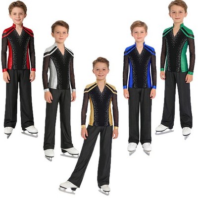Kids Boys Outfits Top Dancewear Rhythmic Costume Split Hem V-Neck Color Block