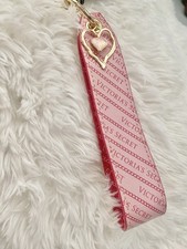 Victoria's Secret Pink Logo Wristlet Key Chain Heart Charm Fabric/Metal