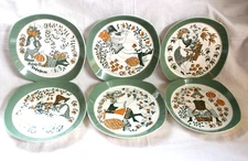 Set of 6 Vintage MCM Figgjo Flint Norway Sicilia Folk Art Plates 7 1/2”