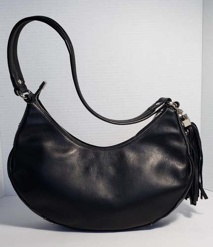 Perlina Black Leather Shoulder Bag w/Tassle Medium Crescent New A Pearl - Picture 3 of 8