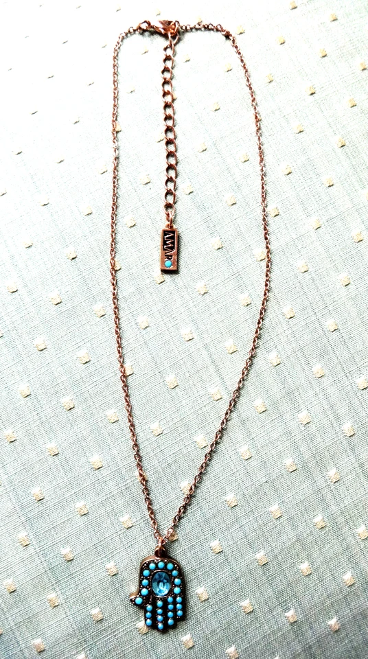 AMARO HAMSA 手工水晶项链 FAUX TURQUOISE BRASS TONE 蓝色保护幸运 — 第 3/4 张图片
