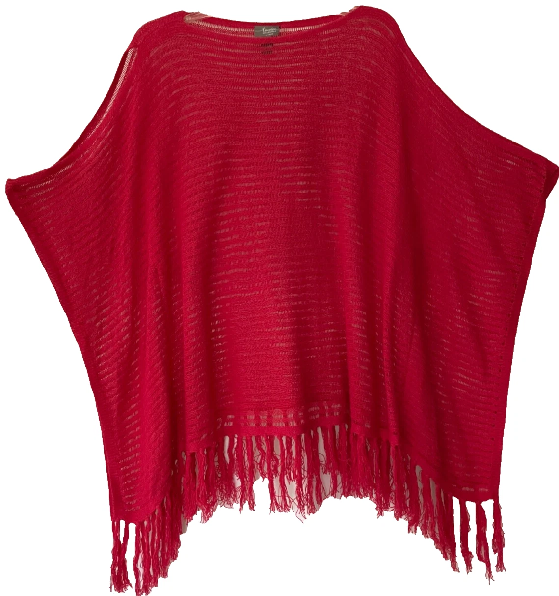 Chico's Travelers L XL Boatneck Fringe Open Weave Poncho Sweater cold shoulder