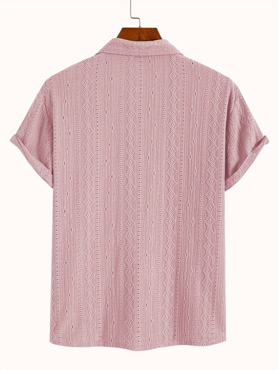 Button Up Fashion Solid Geometric Knit Shirt Pink Casual